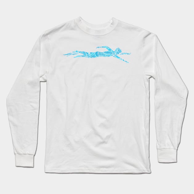 Freestyle Swimmer with Creative Blue Wave Design Gift Long Sleeve T-Shirt by Swimarts